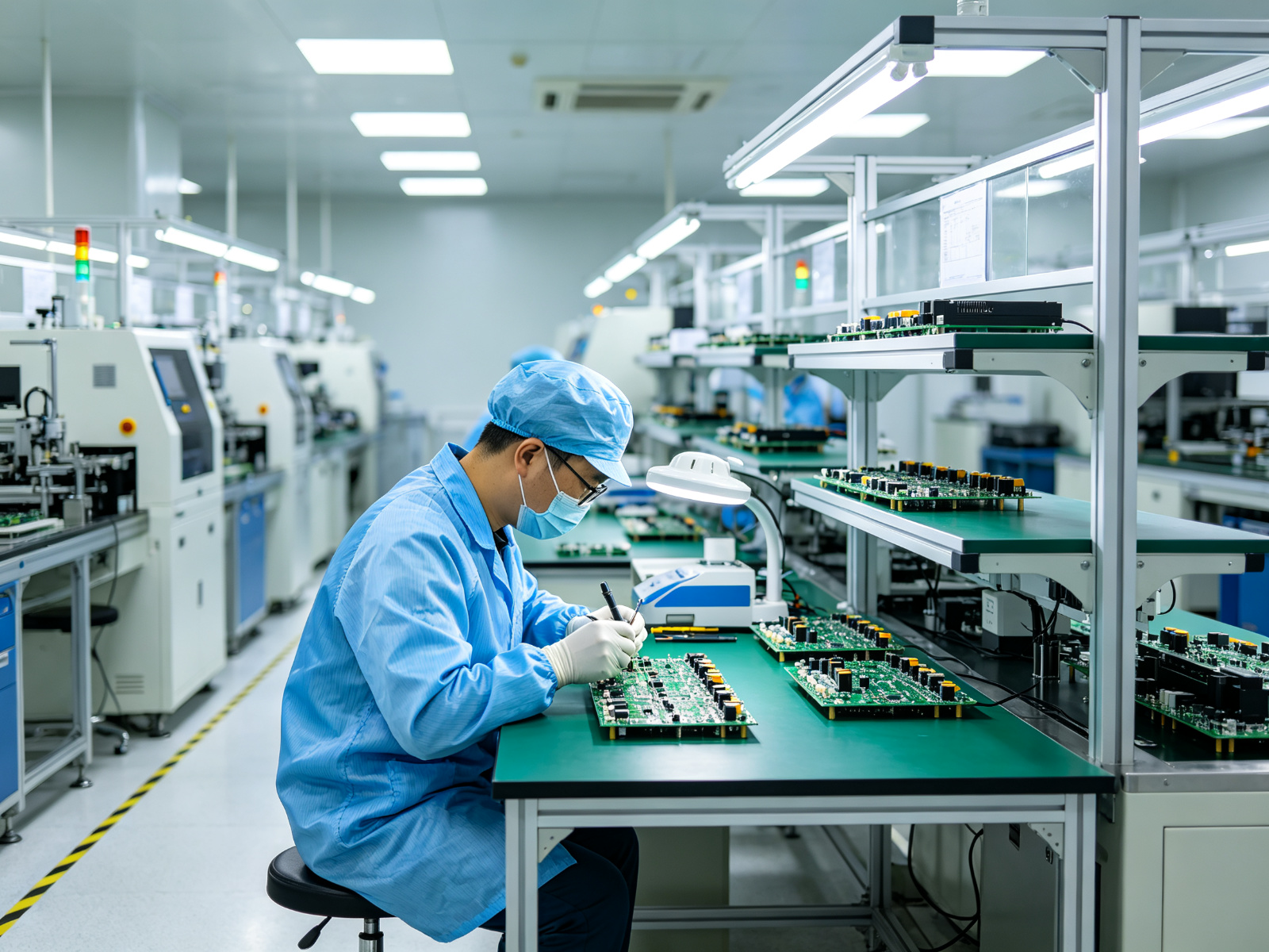 德福电子现代化生产车间内，技术人员正在检测温控电路板
